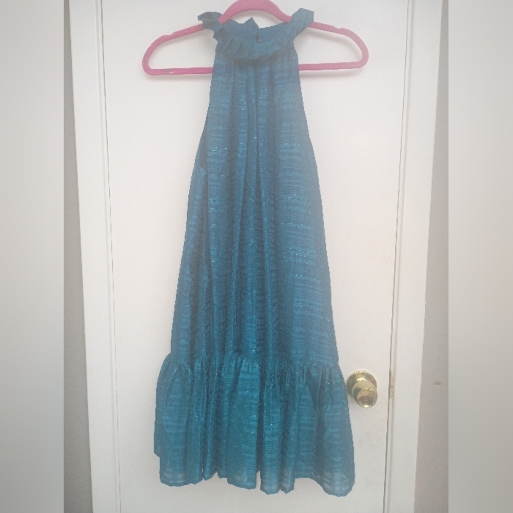Badgley Mischka Teal Halter Ruffle Mini Dress - Picture 2 of 8